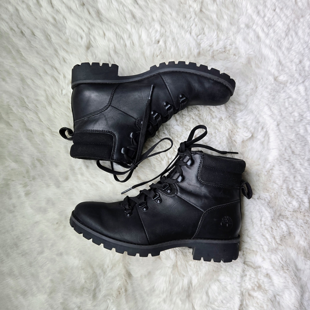 Timberland Black Leather Lace-Up Boots Combat Hiking Boots Womens 9